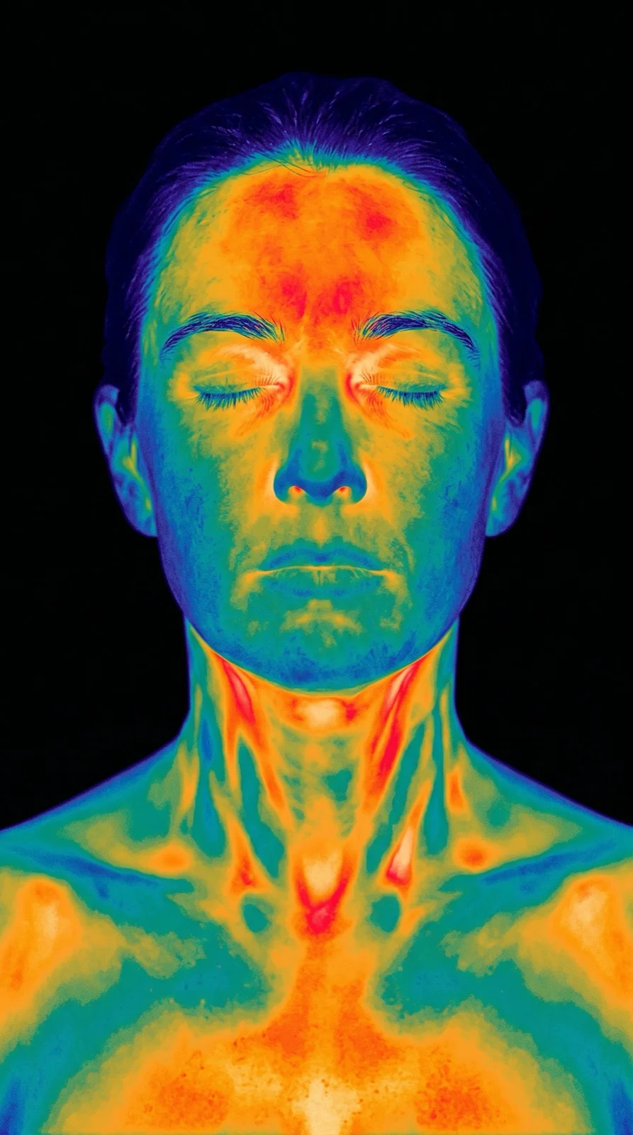 Kliniczny obraz termograficzny — portret przedstawiający rozkład temperatury na twarzy i klatce piersiowej